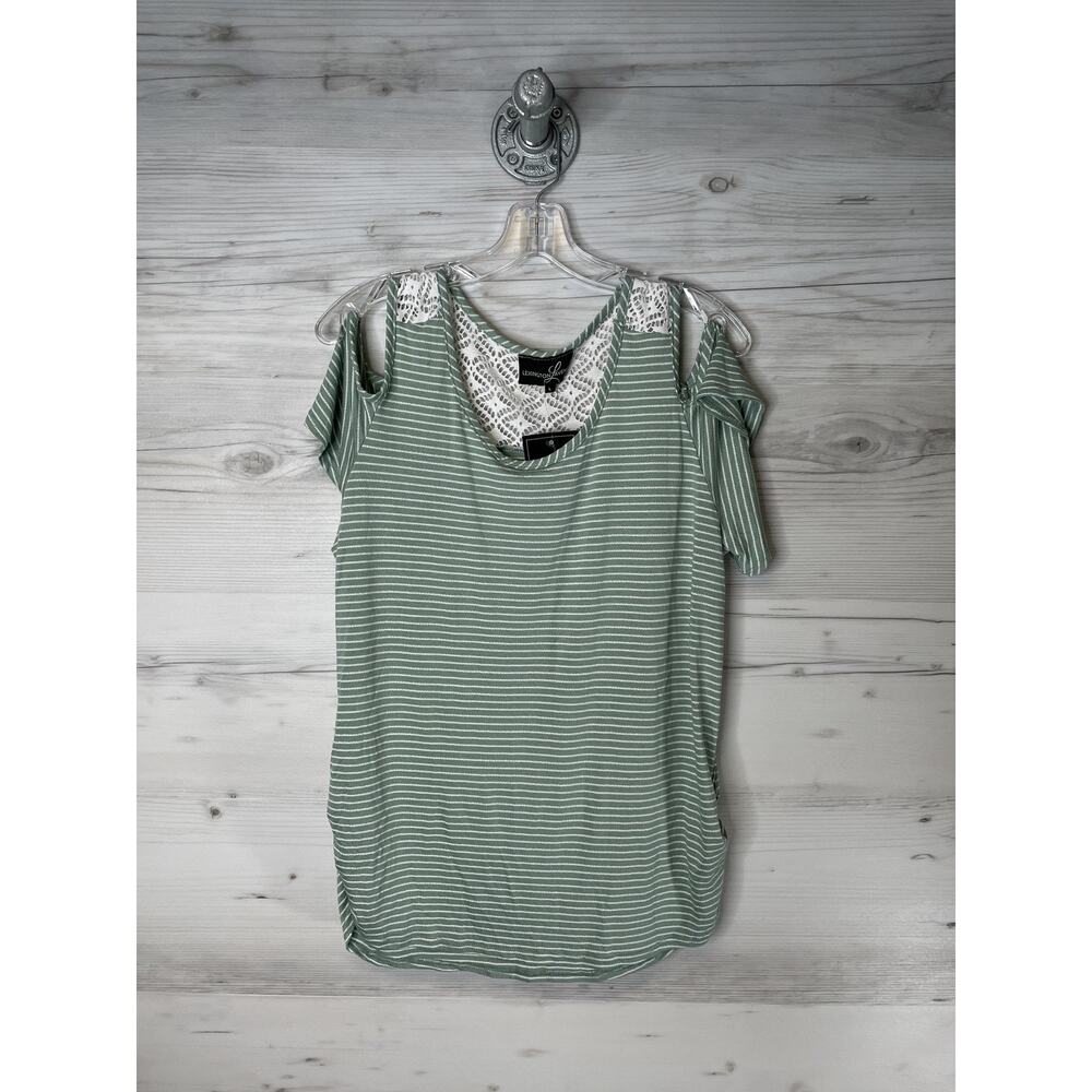 Lexington Lavenue Shirt Womens Large Green Striped Cold Shoulder‎ Crochet Lace